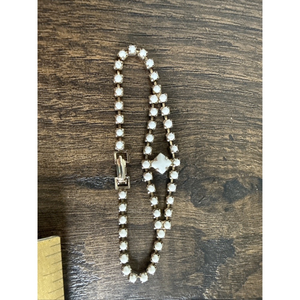 Vintage White Rhinestone Bracelet Silver Tone